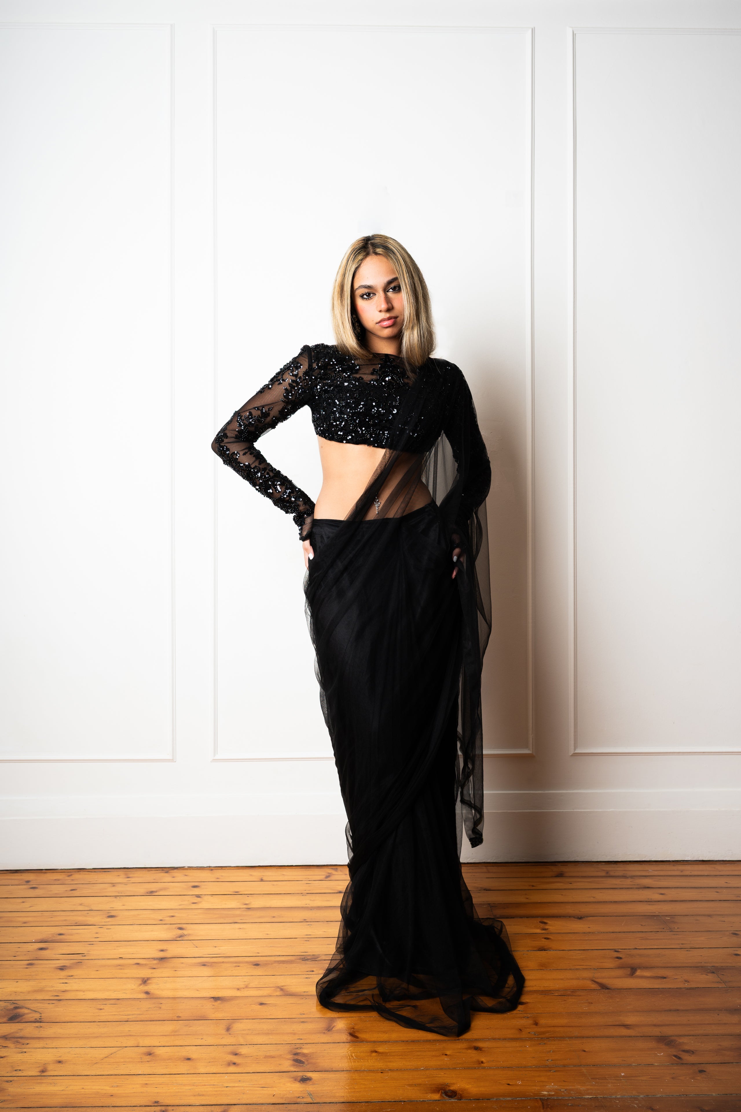 Embroidery Blouse & Tulle Pre-Pleated Sari (Set)